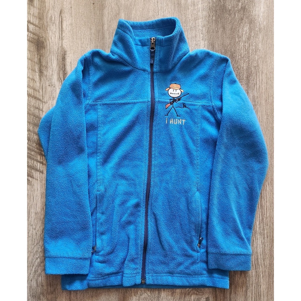 Columbia Kids Blue I Hunt Stick Figure Full Zip Fleece Jacket Size M 10/12